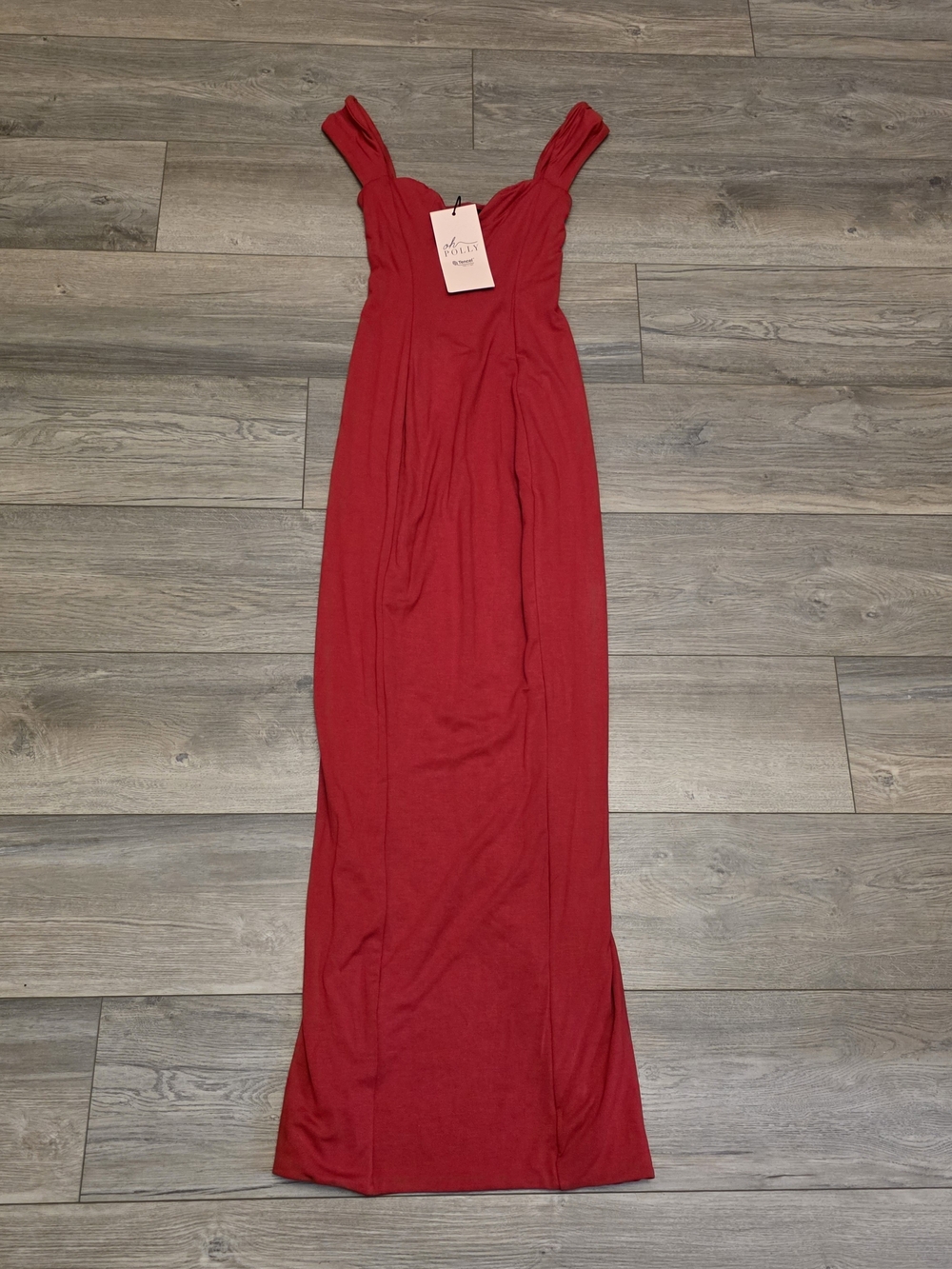 Oh Polly Dress Womans Size 2 Red Maxi Stretch Jersey Sexy Party Sweetheart Neck